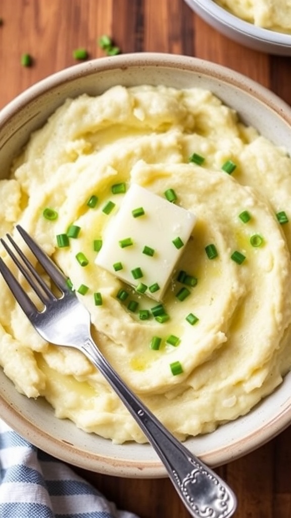 A bowl of creamy cauliflower mashed potatoes with chives and butter on a wooden table.